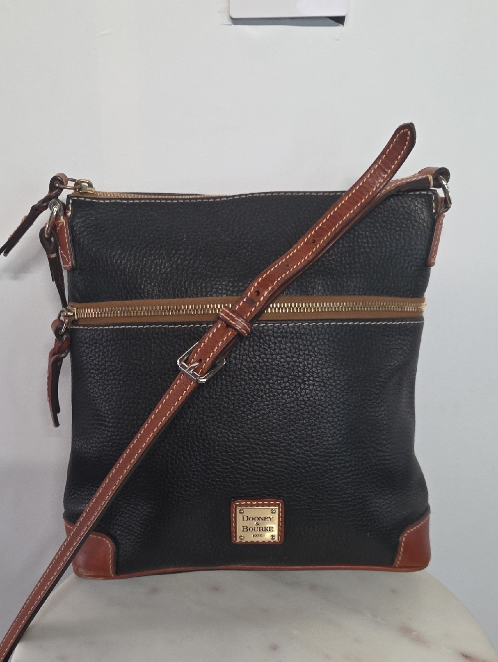 Dooney & Bourke Black and Brown Pebbled Leather Messenger Bag